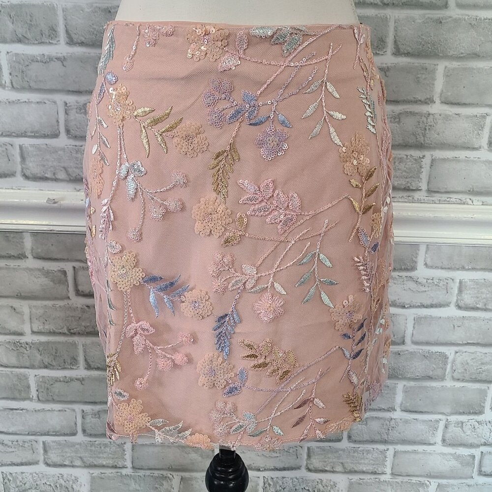 Idem Ditto Embroidered Sequined Floral Tulle Mini Skirt NEW Romantic Feminine M
